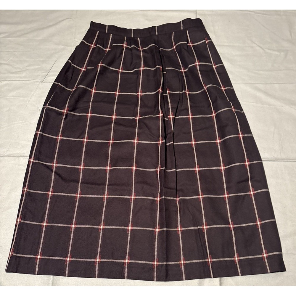 Vintage Carroll Reed Navy Blue Windowpane Plaid Midi Skirt Size 16 Made in USA